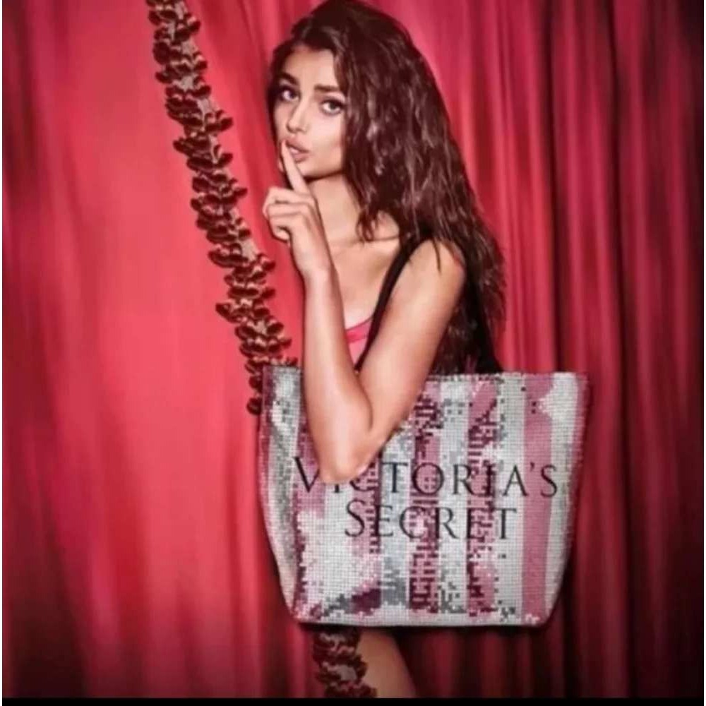 Victoria's Secret Pink Silver Striped Sequin Logo Tote Bag Black Canvas Zipper
